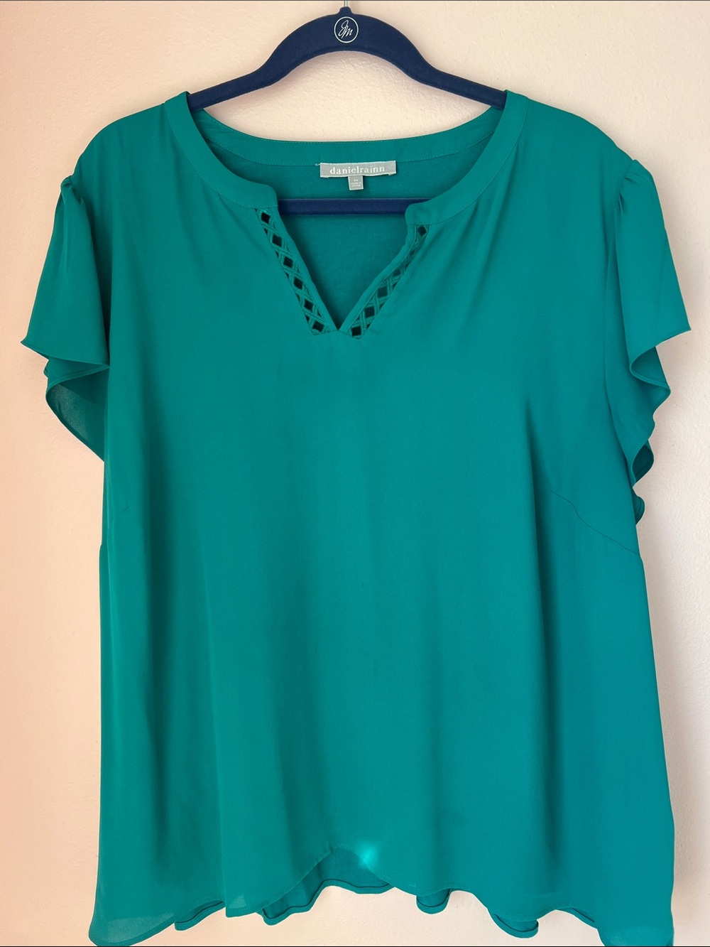 Daniel Rainn Teal Lattice V-Neck Ruffle Sleeve Blouse